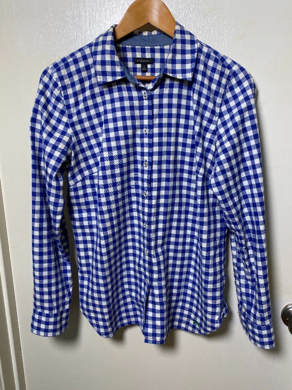 Talbots Blue White Gingham Button Front Shirt Small Classic Cotton Preppy